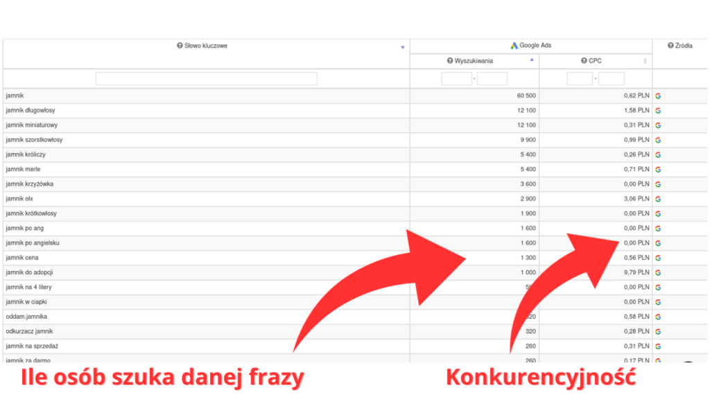 Wyszukiwanie fraz do artykułów na przykładzie frazy Jamnik